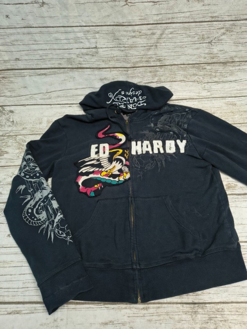 Ed Hardy Y2k Black full Zip Eagle and Snake Hoodie Size Large